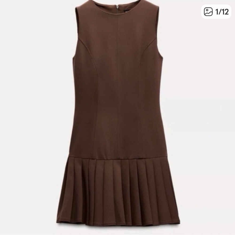 Zara Sleeveless Brown Pleated Dress